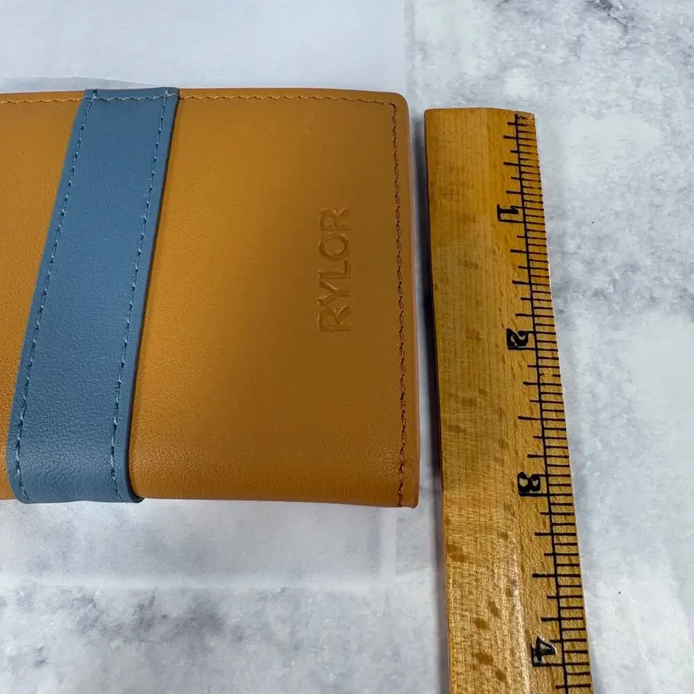New RYLOR Stripe Bifold Luxury Oiled Leather Wallet Brown &Blue Gift Slim Card